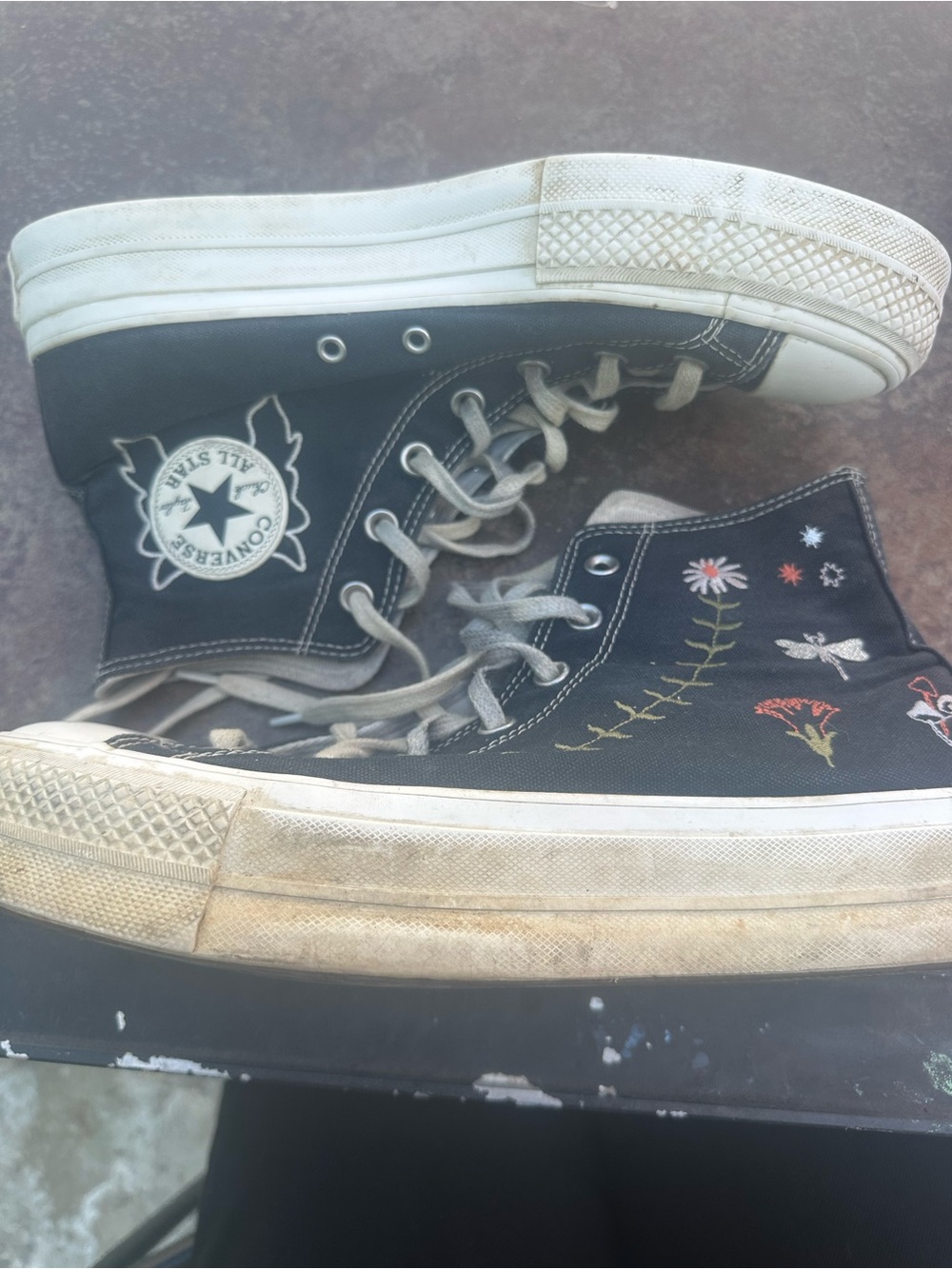 Converse Black High-Top Platform Sneakers with Floral Embroidery
